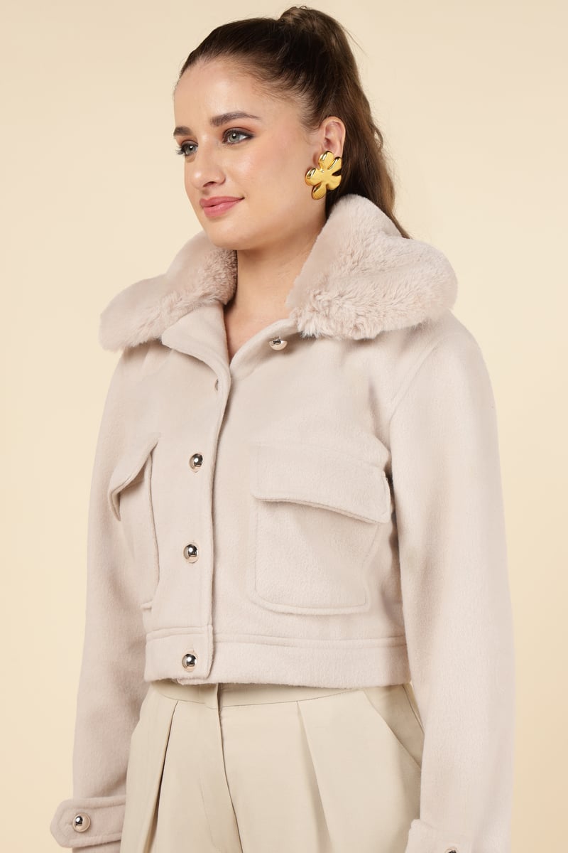 Beige Cropped Button-Front Jacket with Faux-Fur Collar