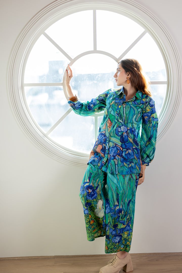 Aqua Blue Iris Print Shirt and Wide-Leg Pants Co-ord Set