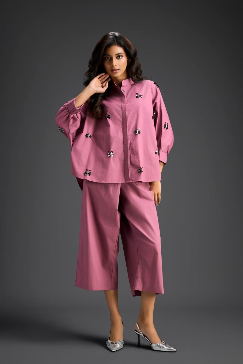 Pink Butterfly Embellished Pleated Shirt & Pants Set