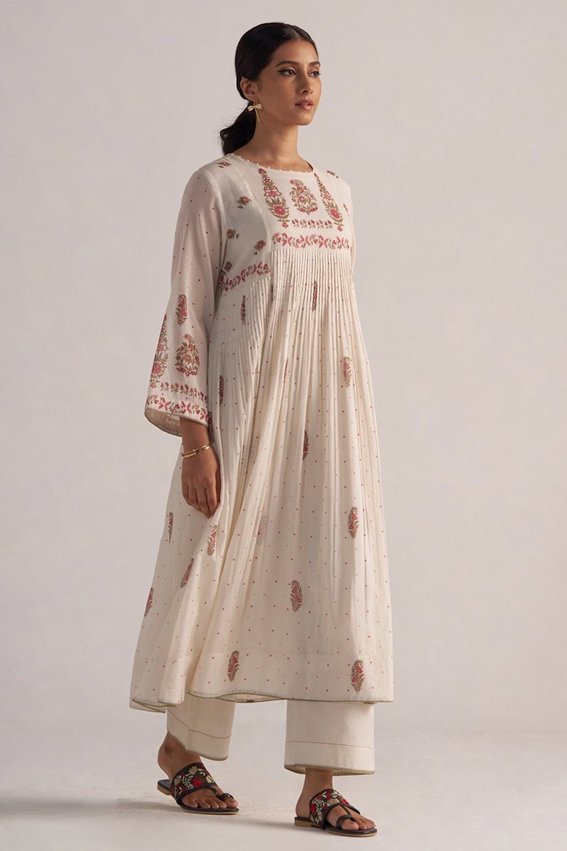 Antique White Printed A-Line Kurta and Pants Co-ord Set