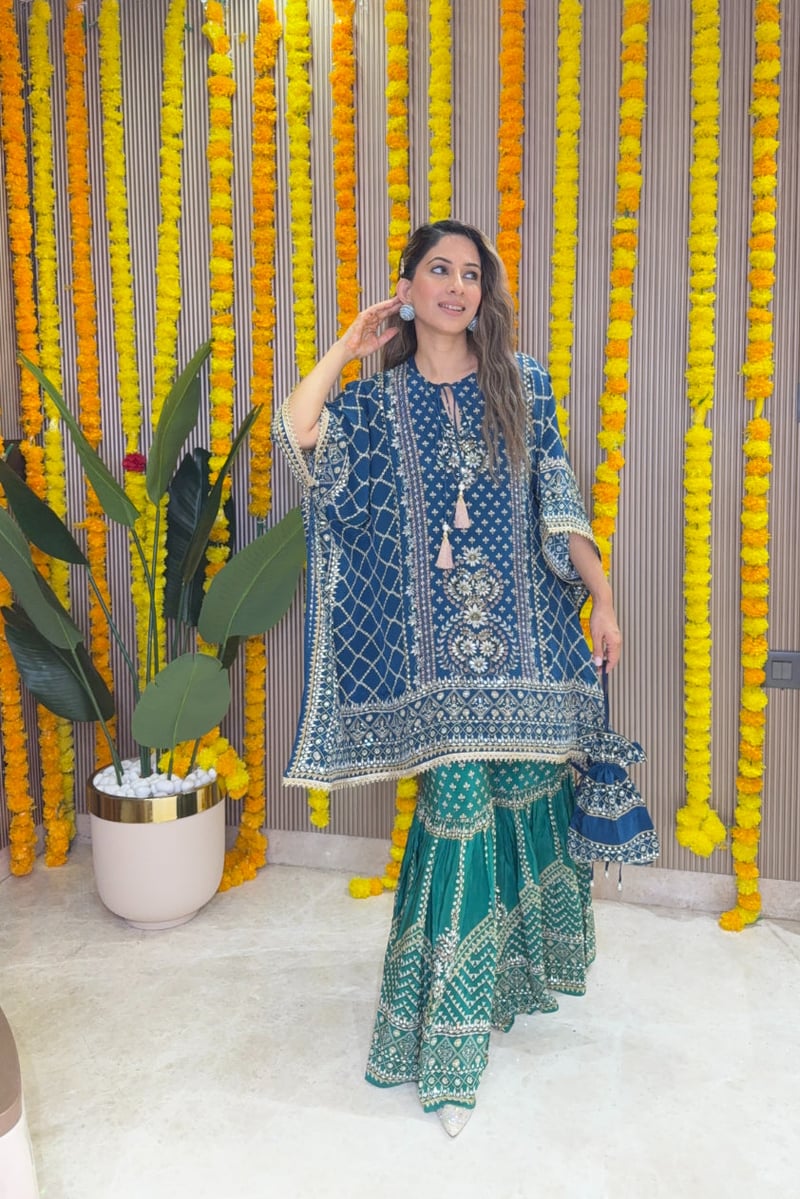Teal Blue Kaftan and Emerald Gharara Co-ord Set