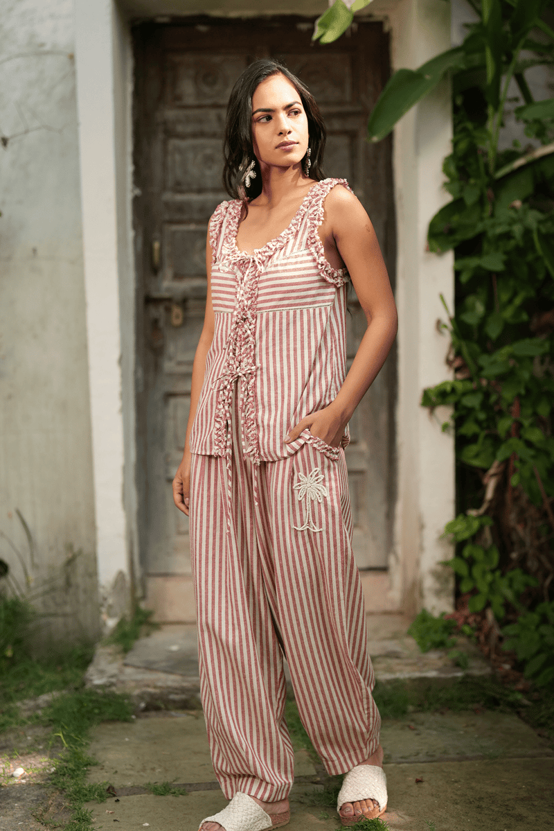 Red and Beige Striped Bubble Trousers with Drawstring