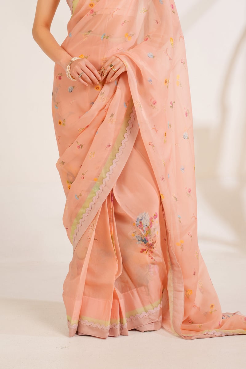 Blush Organza Floral Print Saree Set with Blouse Fabric