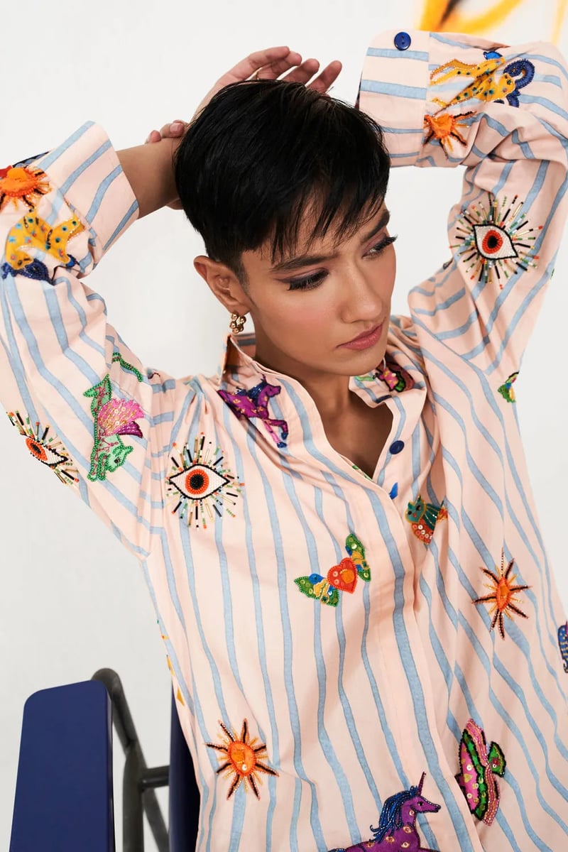 Peach Striped Cotton Poplin Embroidered Shirt