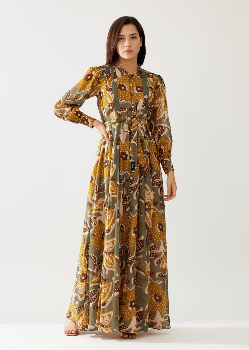 Olive And Mustard Floral Long Dress — KoAi