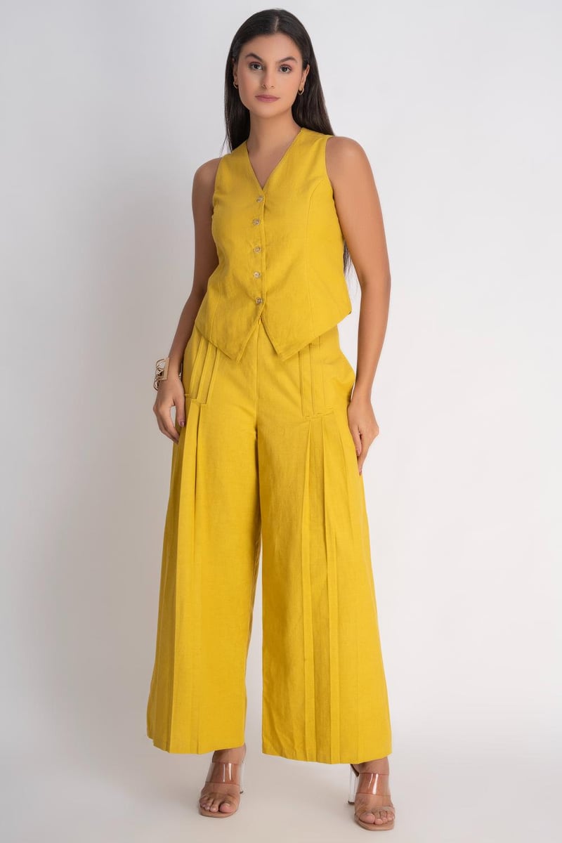 Mustard Waistcoat and Wide-Leg Pants Co-ord Set