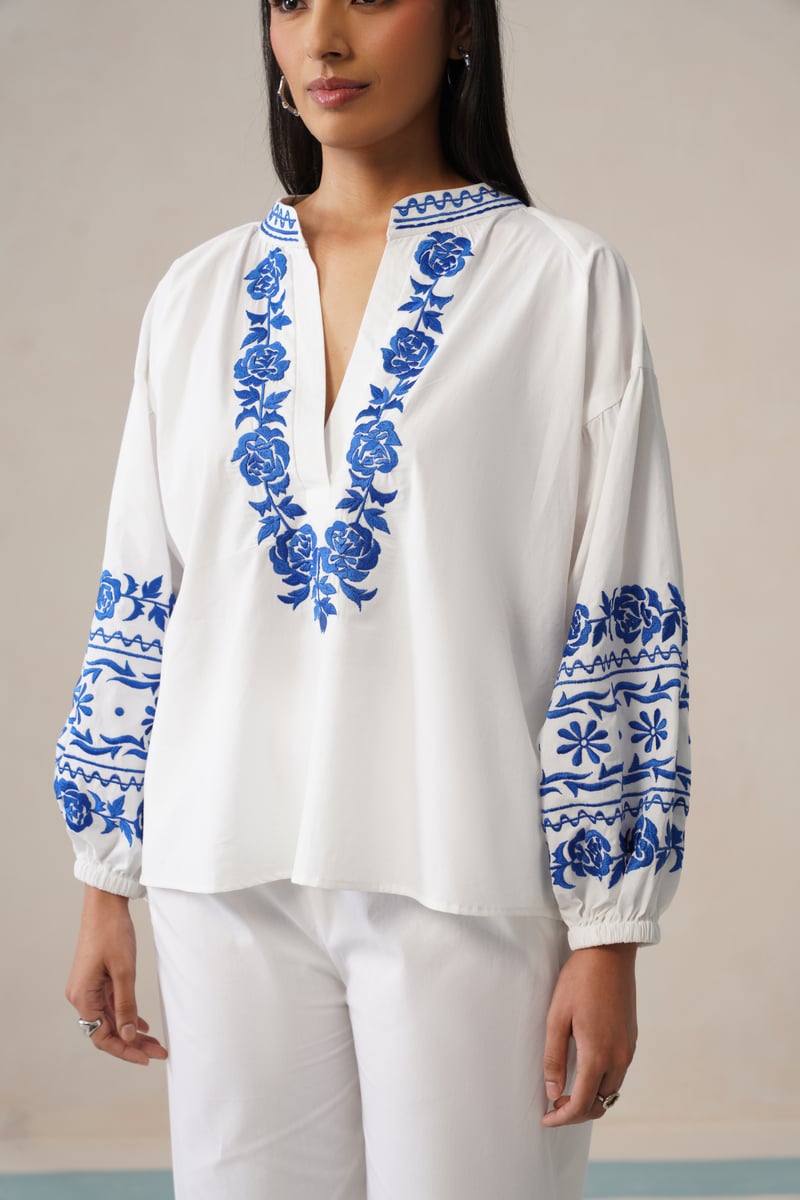 White Co-ord Set with Blue Embroidered V-Neck Top