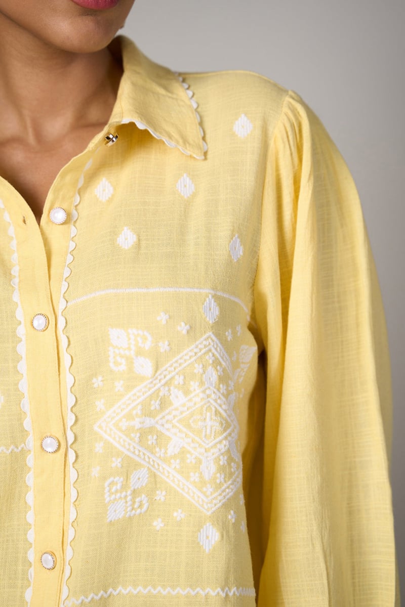 Yellow Embroidered Collared Button-Down Top