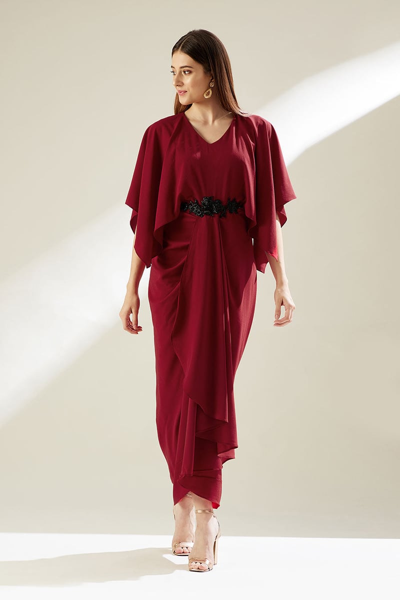 Red Draped Maxi Dress with Cape Sleeves — Aakaar