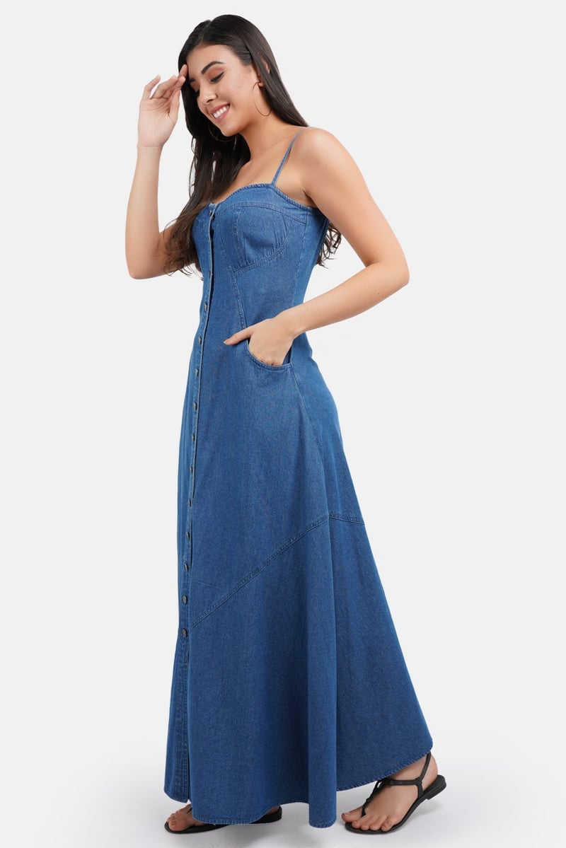 Blue Denim Button-Down A-Line Maxi Dress