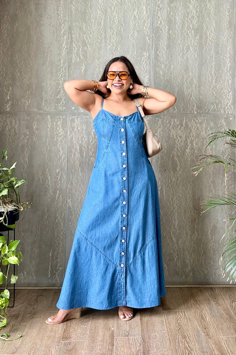 Blue Denim Button-Down A-Line Maxi Dress