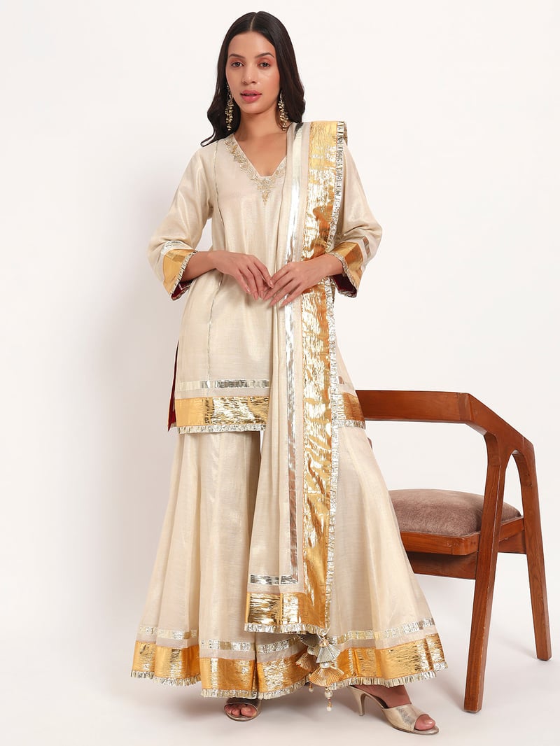 Golden Cotton Tissue Kurta Garara Set with Gotta Border