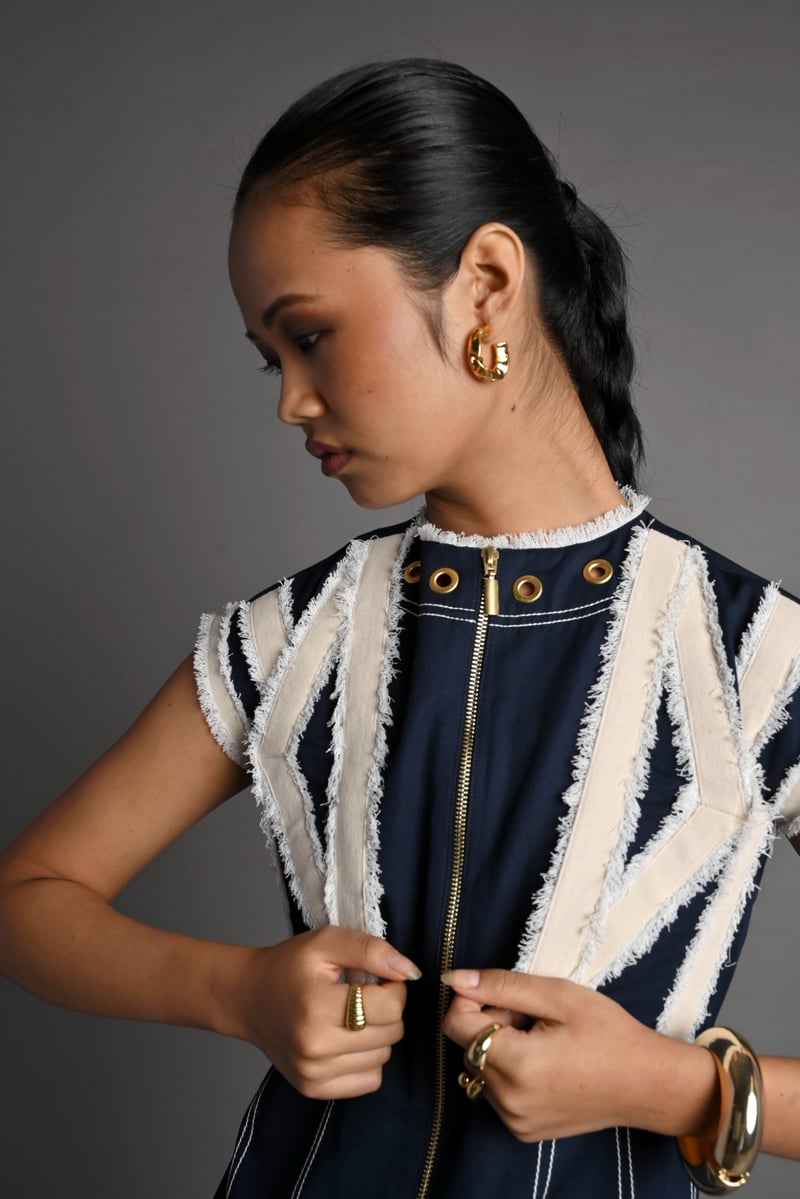 Navy Blue Zip-Front Shift Dress Set with Cropped Overlay