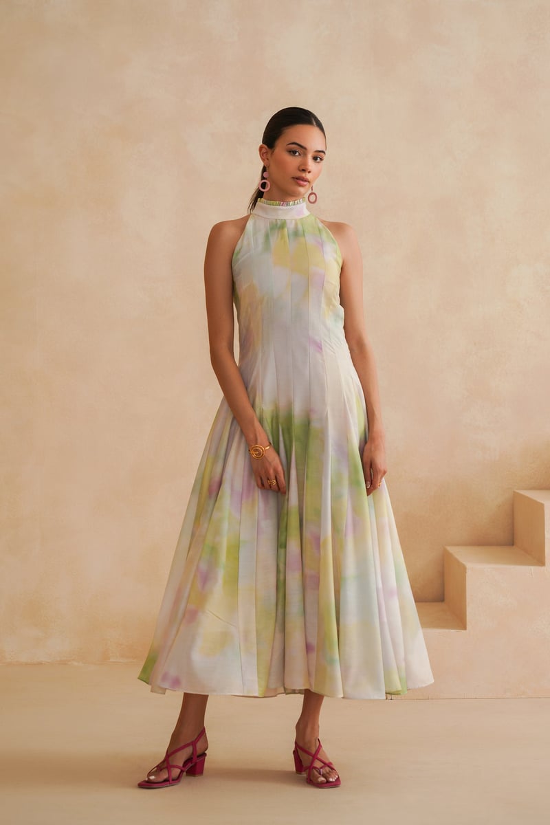 Mint Green Watercolor Print Halter Midi Dress