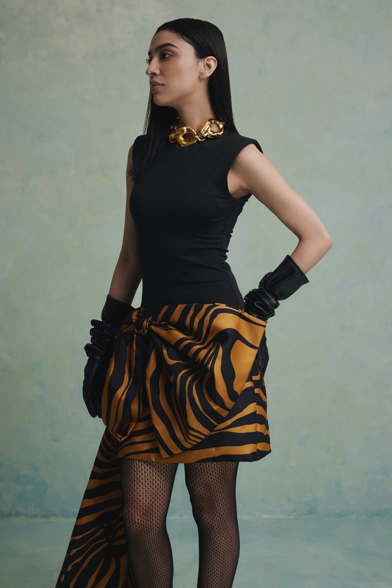 Black and Yellow Animal Print Draped Mini Dress