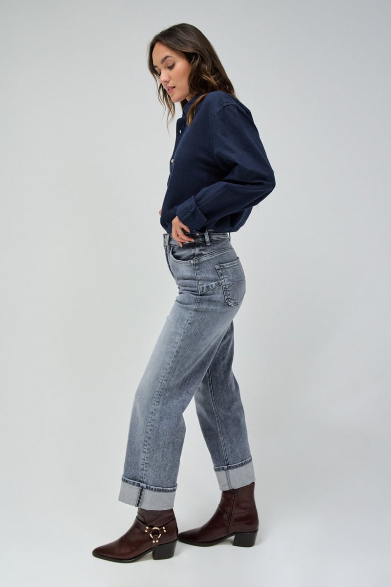 Light Grey High-Rise Straight-Leg Jeans with Cuffed Hem