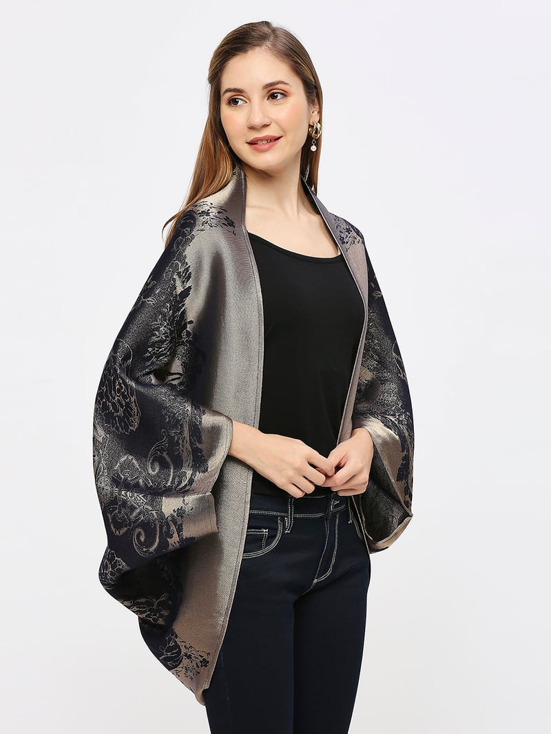 Navy Metallic Brocade Cape Shrug