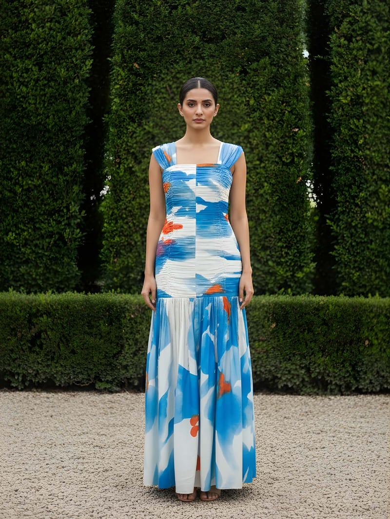 Blue Abstract Printed Ruched Tiered Maxi Dress