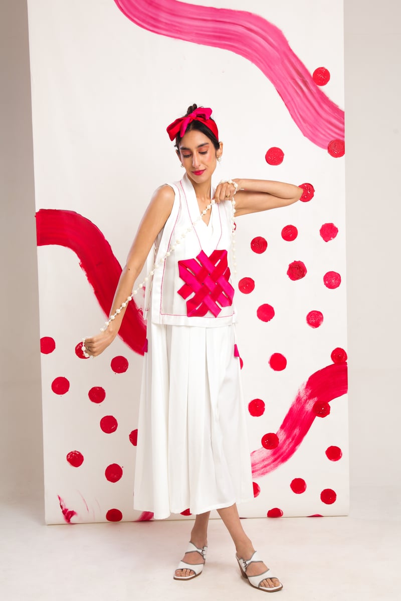 White Sleeveless A-Line Midi Dress with Overlay Vest
