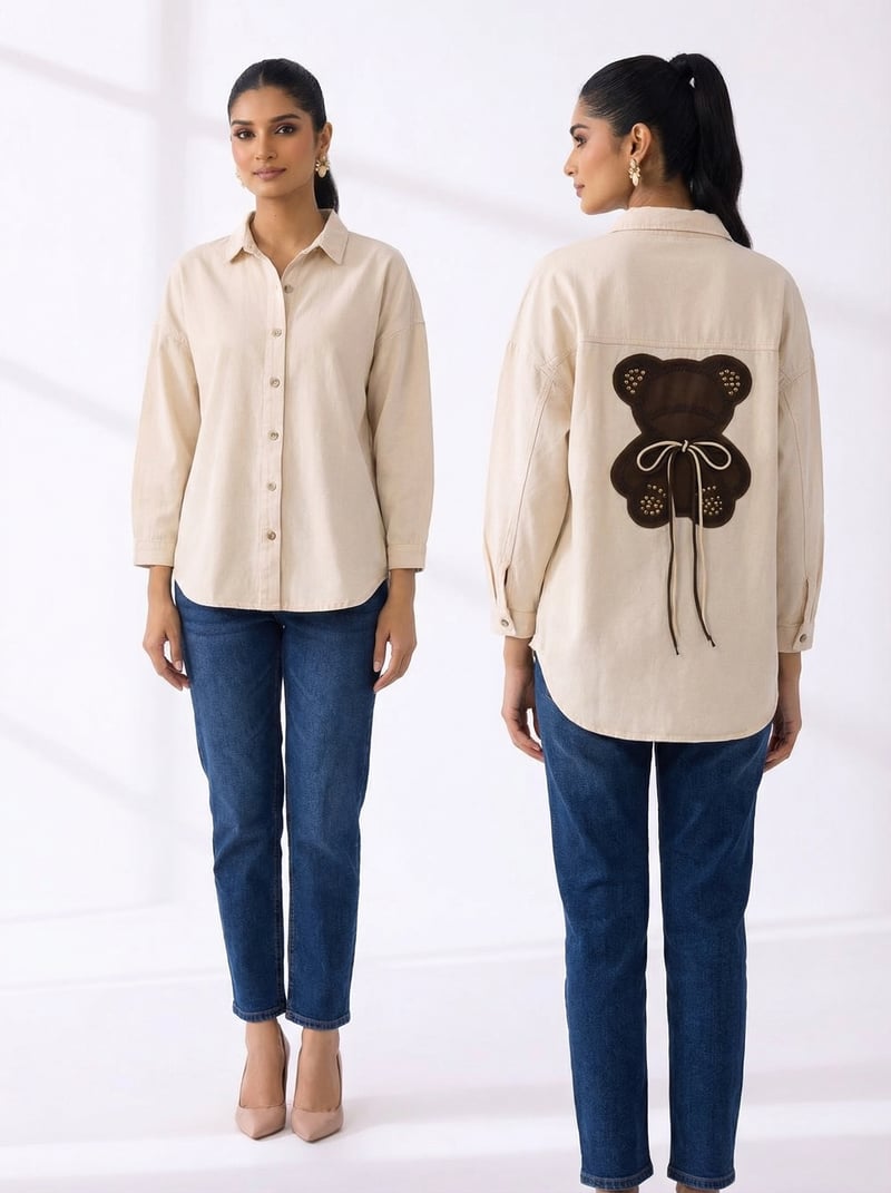 Beige Button-Down Shirt with Teddy Back Appliqué — ASPIRIN TRENDY