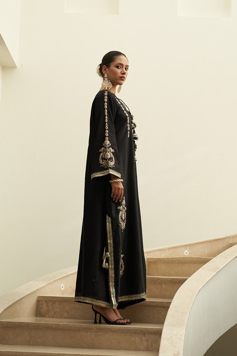 Black Chanderi Silk Embroidered A-Line Kaftan