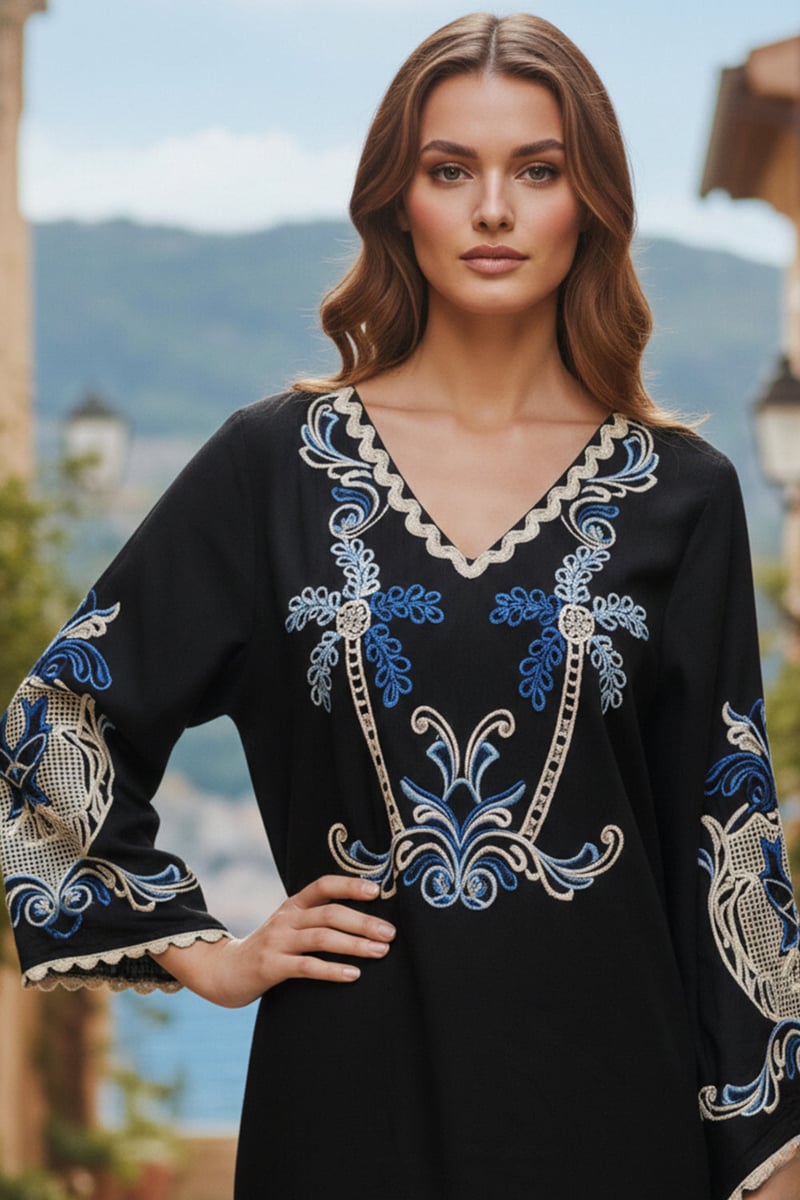Black Linen Embroidered V-Neck Kaftan
