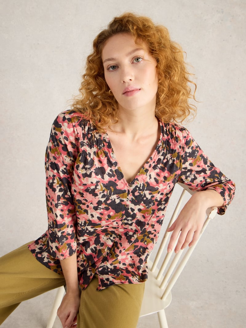 Pink Abstract Print V-Neck Button-Through Cotton Top