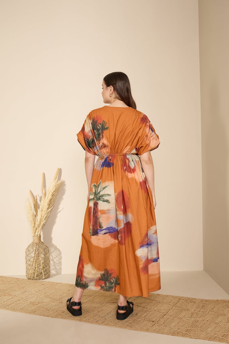 Rust Abstract Printed Cotton Poplin Maxi Dress
