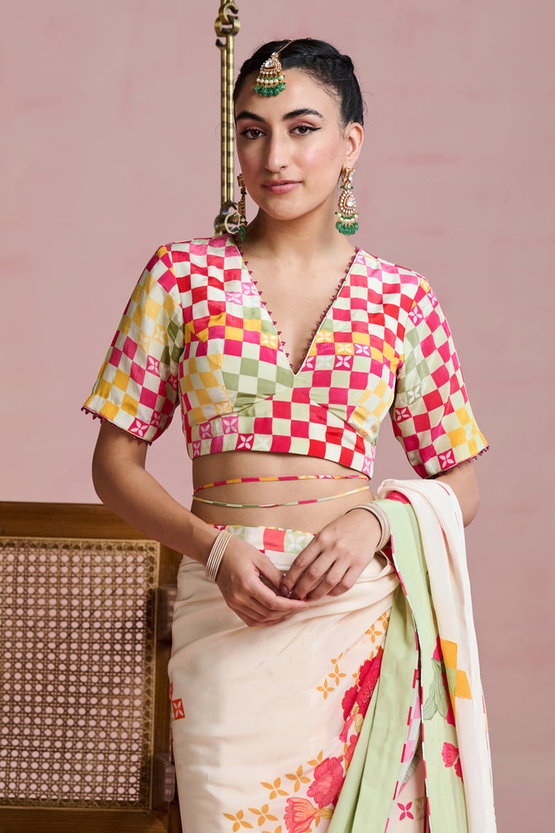 Multicolor Floral Printed Crepe Saree Set with Blouse