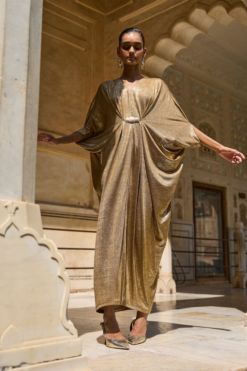 Gold Metallic Draped Maxi Kaftan with V-Neck