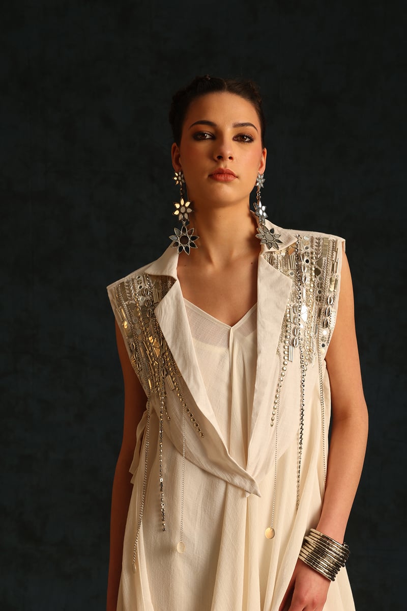 Off-White Maxi Cowl Dress with Cape Waistcoat