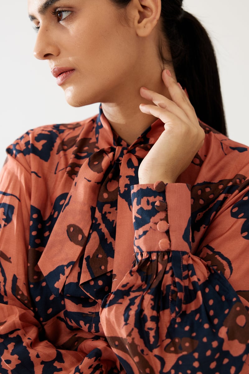 Pink And Dark Blue Floral Bow Tie Shirt