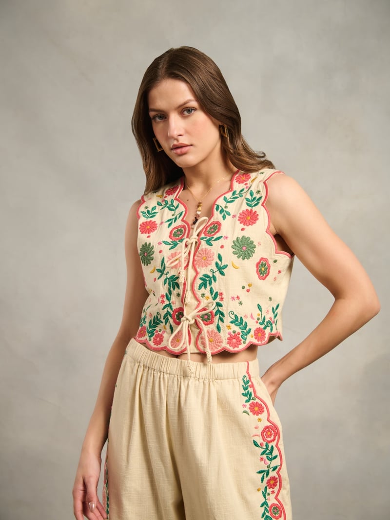 Cream Embroidered Tie-Up Crop Top
