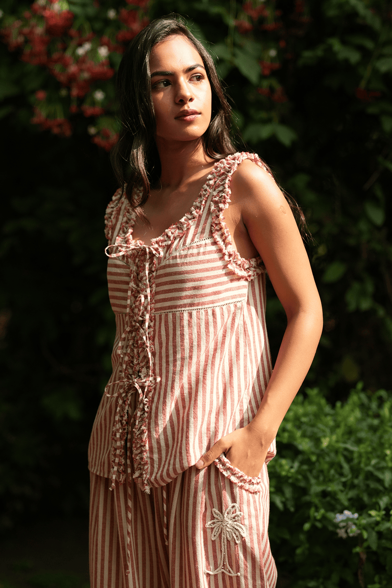 Red and Beige Striped Cotton Lace-Up Sleeveless Top