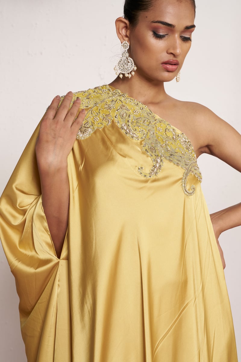 Yellow One-Shoulder Satin Kaftan with Beaded Neckline