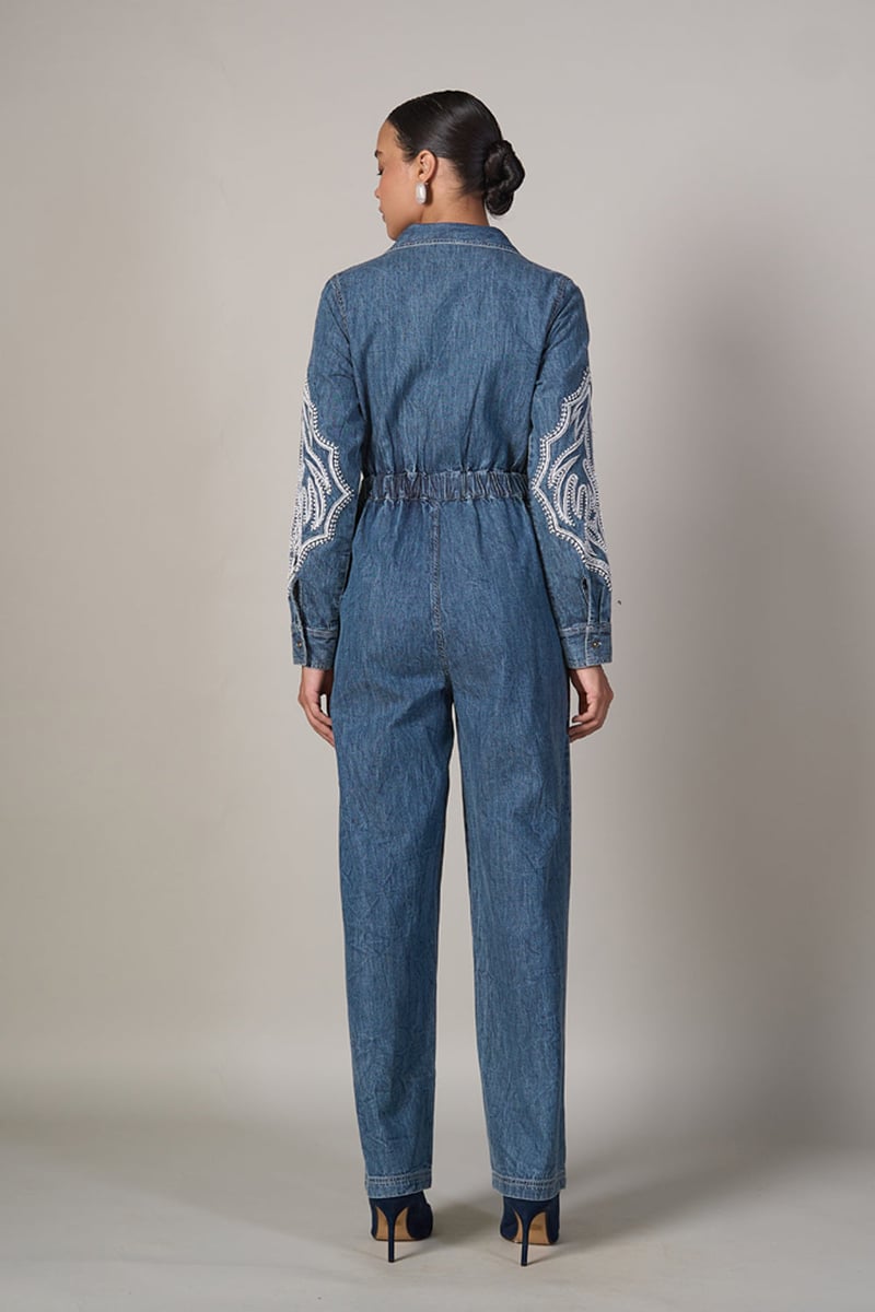 Blue Denim Zip-Front Embroidered Jumpsuit