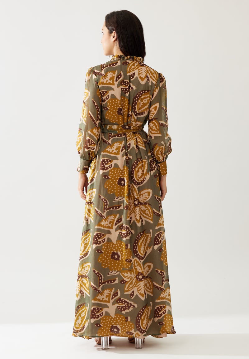 Olive And Mustard Floral Long Dress