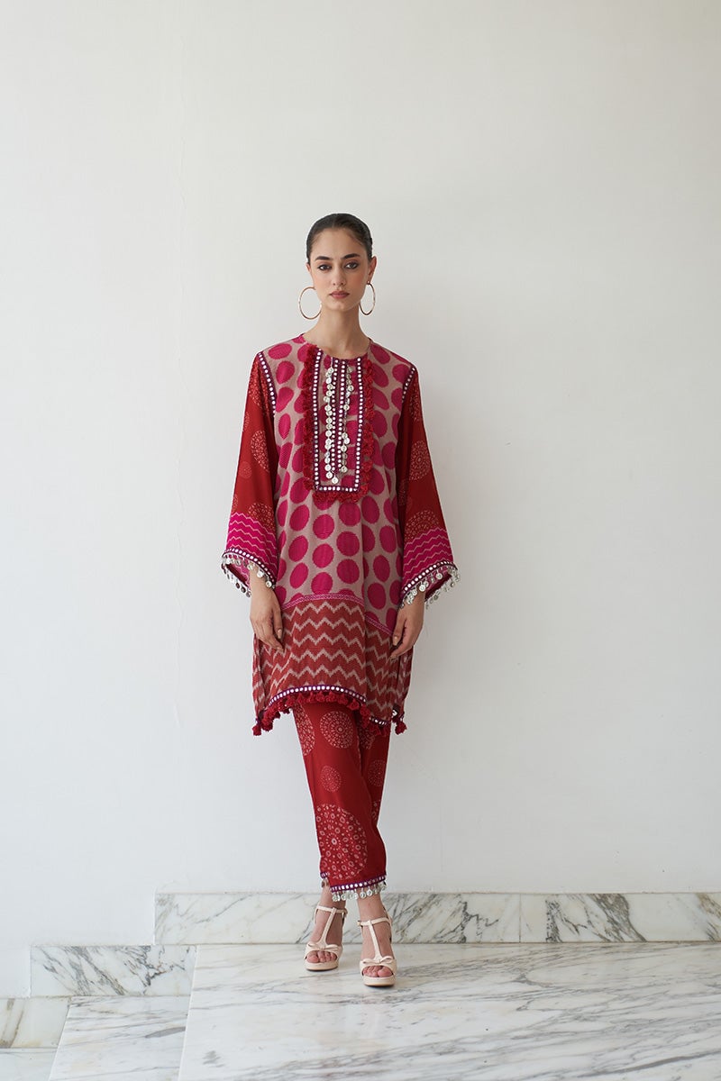 Pink Printed Mirror Work Kurta Set with Pants