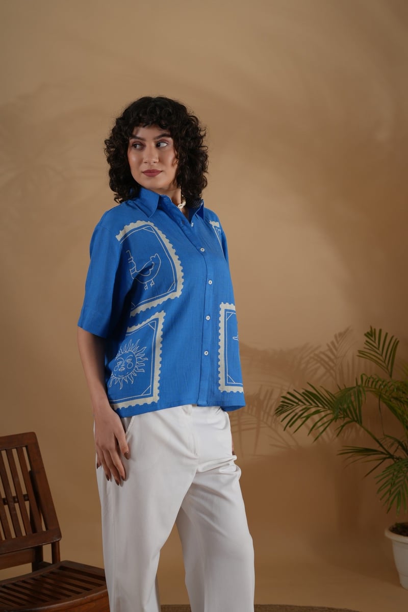Blue Linen-Cotton Boxy Placement Printed Shirt