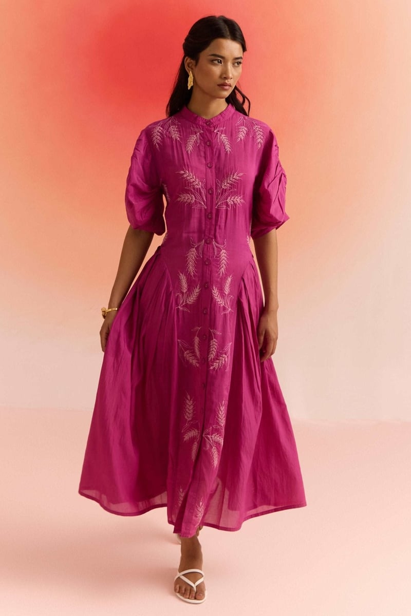 Magenta Pink Dori Embroidered Fit and Flare Maxi Dress