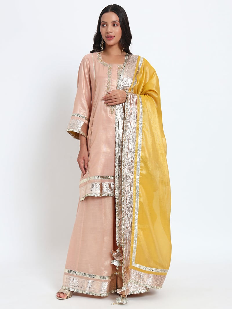 Peach Cotton Tissue Kurta Sharara Set With Gotta Patti