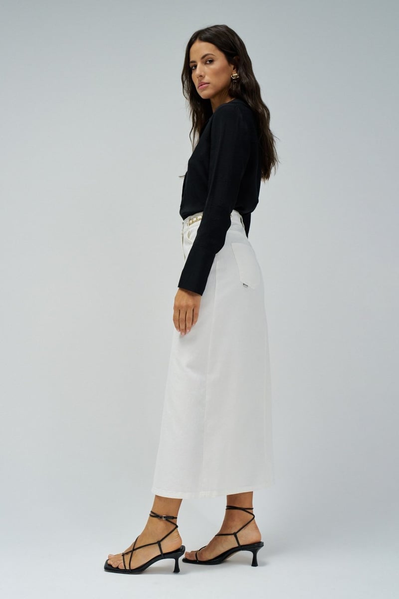 White High-Waist Denim Midi Pencil Skirt with Slit