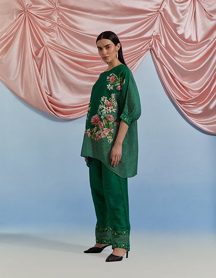 Forest Green Floral Print Kurta and Pant Co-ord Set