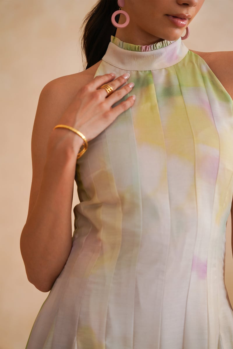 Mint Green Watercolor Print Halter Midi Dress