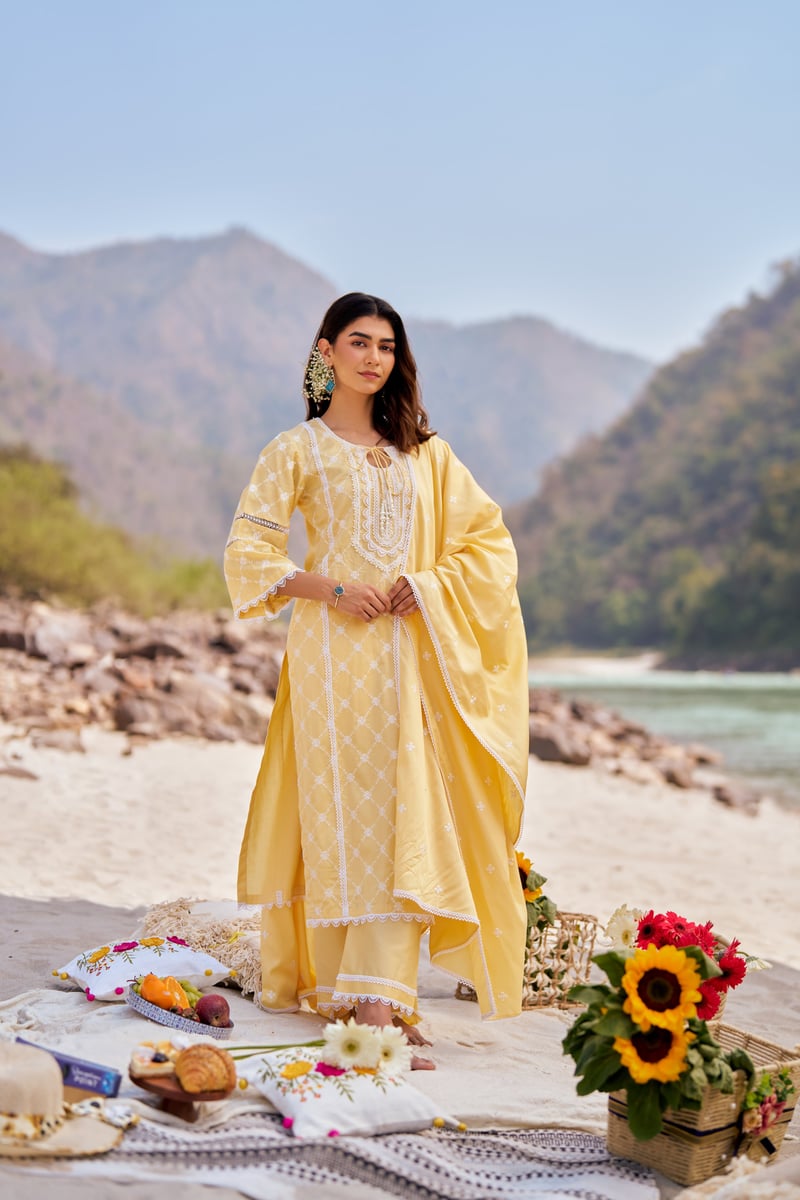Yellow Cotton Embroidered Kurta Set With Dupatta