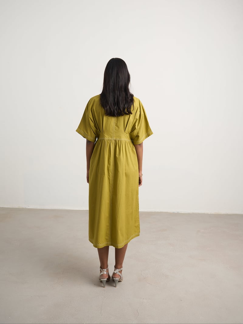 Green Embroidered Button-Down Cotton Midi Shirt Dress