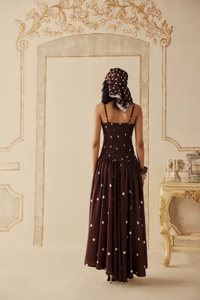 Brown Polka Dot Maxi Dress with Smocked Back