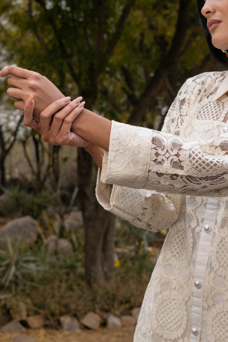 Off-White Cotton Lace Shirt and Pants Co-ord Set