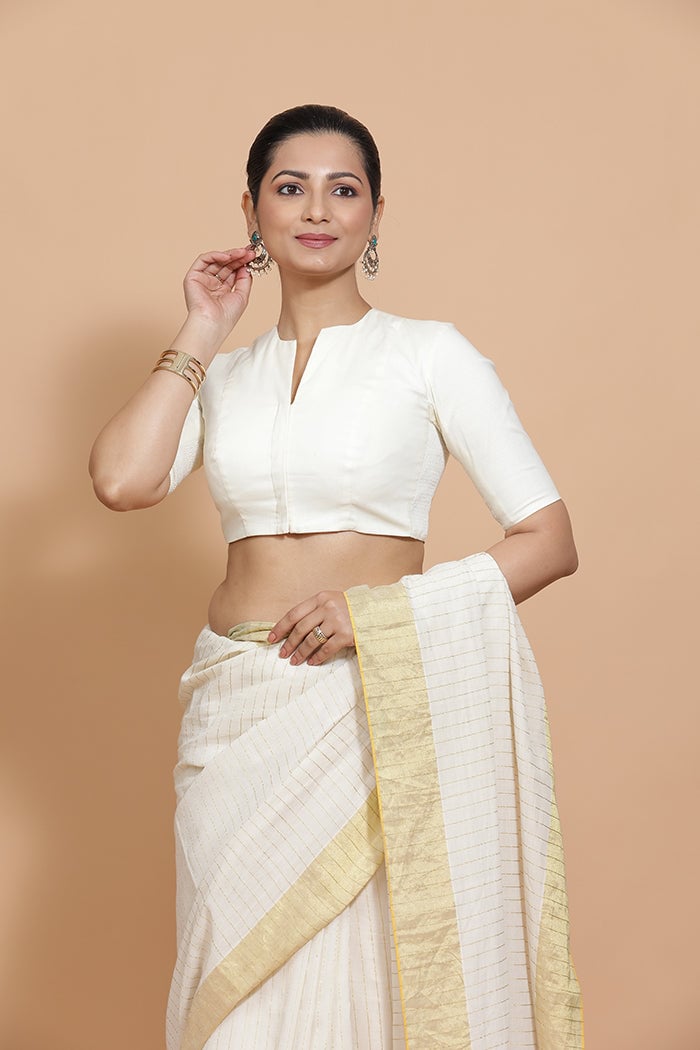 Ivory Mist Cotton Saree Blouse with Round Neck and Elbow Sleeves