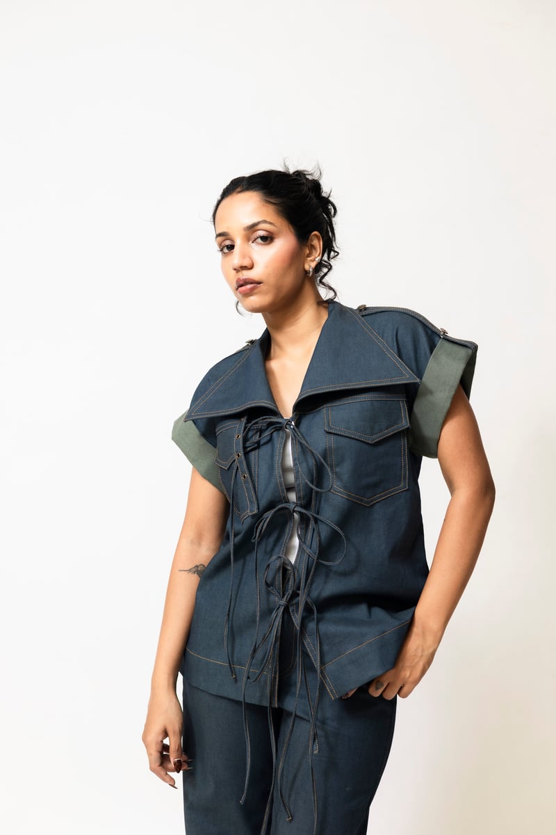 Dual-Tone Denim Utility Jacket with Lace-Up Front